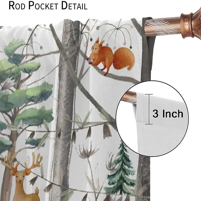 YCness Kid Forest Woodland Animal Fox Elk Bear Watercolor Print Curtains for Nursery Bedroom Living Room, Rustic Wild Animal Window Drapes 2 Panel Set, 55x63 Inch