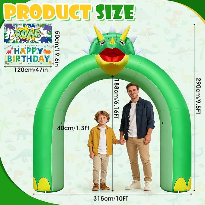 9.5FT Giant Triceratops Inflatable Arch - Dinosaur Birthday Party Decorations for Boys Kids, Dinosaur Day Jungle Theme Photo Backdrop with 1 Blower 2 Banners & 3 LED Lights, Outdoor Yard Blow-Up Decor