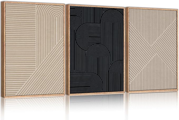 LHIUEM Large Abstract Textured Line Framed Canvas Wall Art,Boho Beige Black Wall Decor,Modern Neutral Minimalist Art Painting Painting for Living Room,Bedroom,Dining Room,Office -24"x36"x3
