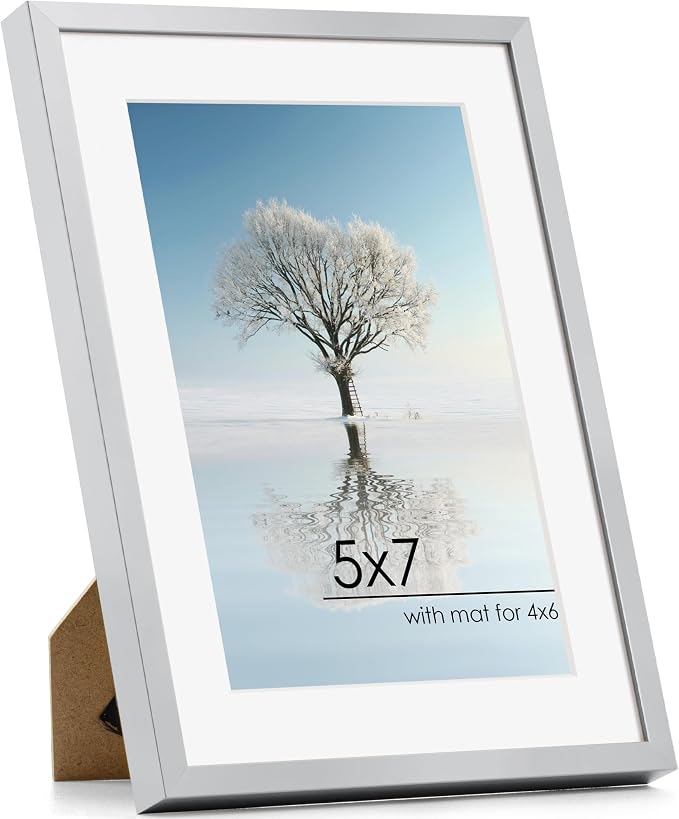 FLYJOE 5x7 Picture Frame - 7 by 5 Metal Frame With Mat For 4x6, Aluminum Photo Frame Plexiglass And Hanging Hardware Included, 5 x 7 Silver Picture Frame | Silver