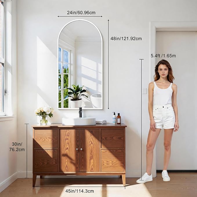 CIRCUMI Arched Wall Mirror, 24"x48" White Arched Mirror with Tempered Glass, Metal Frame, Large Size for Bathroom, Living Room,Entryway,Over Sink, Arch Mirror for Decor,Shatterproof&Crystal-Clear
