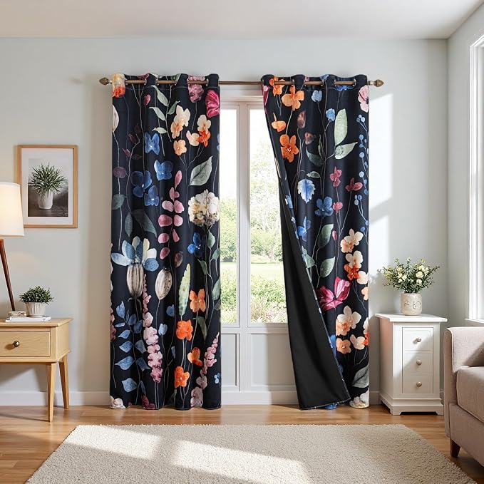 Floral Blackout Curtains 108 Inch Long 2 Panels Set Grommet Colorful Big Flower Patterned Thermal Insulated Black Out Room Darkening Thick Window Drapes for Bedroom Living Room 52 x 108 inch