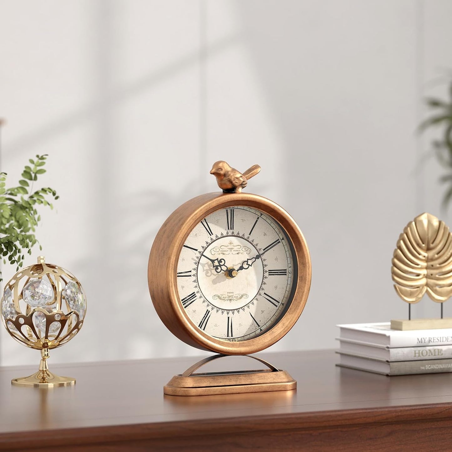 Vintage Table Clock with Bird, European Antique Style Gold Mantel Clocks, Desk and Shelf Decor Clock, for Farmhouse, Bedside, Living Room, Bedroom, Gift (9" H x 6.5" W)