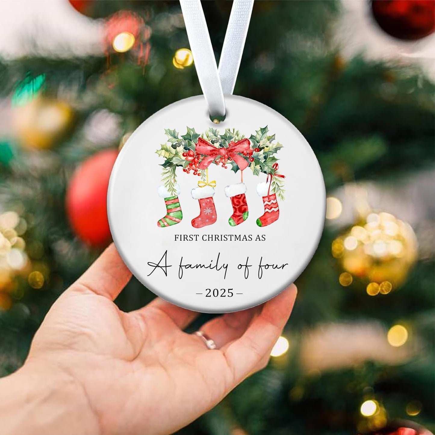 Christmas Ornaments, 3 Inch Ceramic Our First Christmas As a Family of Four 2025 Ornament Personalized New Parents Gifts for Couples Baby First Xmas Hanging Decor for Family of Four