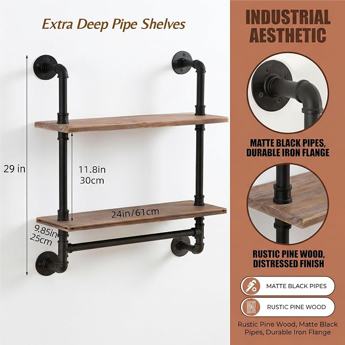 Industrial Pipe Shelving Bathroom Pipe Shelves with Towel Bar Over Toilet | 24 inch Pine Wood Floating Shelves for Wall Mounted Bedroom,Kitchen, Farmhouse, Living Room
