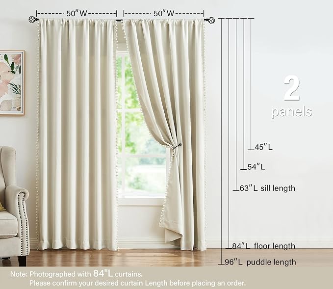Treatmentex Pom Pom Blackout Curtains Ivory Curtains for Nursery Room Darkening Curtain Drapes 54" Short Window Curtain Set for Living Room Bedroom 2 Panels
