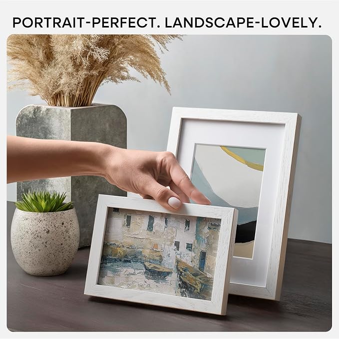 Homeforia 8x11 Picture Frame White, High End Oak 8 x 11 Wood Frames with Mat 6 by 9 Print, 8by11 Wooden Frame Matted to 6x9 inch Photo, 11x8 Wall or Tabletop Frames, Tempered Glass, Wall Kit, Set of 2