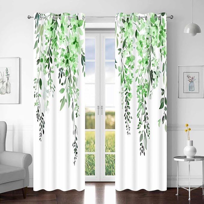 Green Watercolor Floral Curtains, Botanical Leaves Vine Flowers Curtain, Rustic Farmhouse Flower Leaf Blackout Window Treatment Drapes for Bedroom Living Room 42x72 inch, 2 Panels