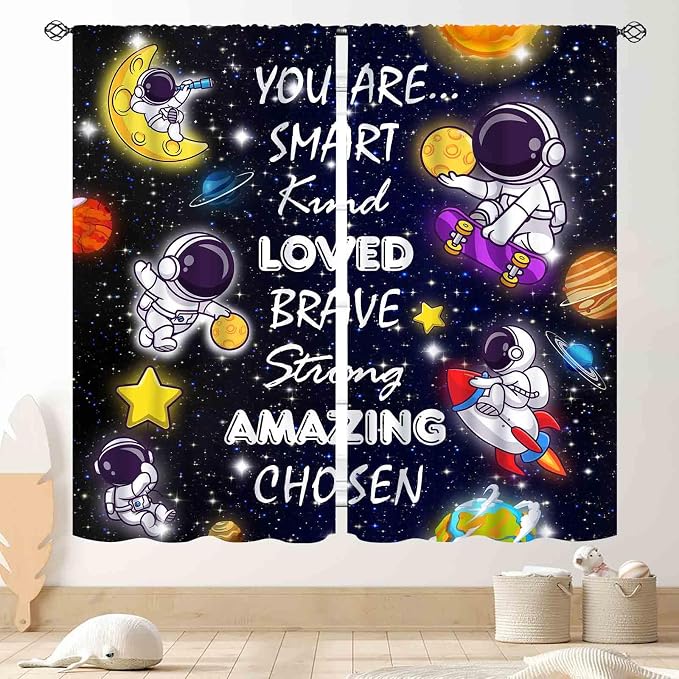 Kids Space Curtains for Boys Room, Cartoon Universe Galaxy Space Planet Astronaut Inspirational Quotes Learning Kids Window Drapery Treatments for Bedroom Living Room Nursery 2 Panels, 42"x45" Inch