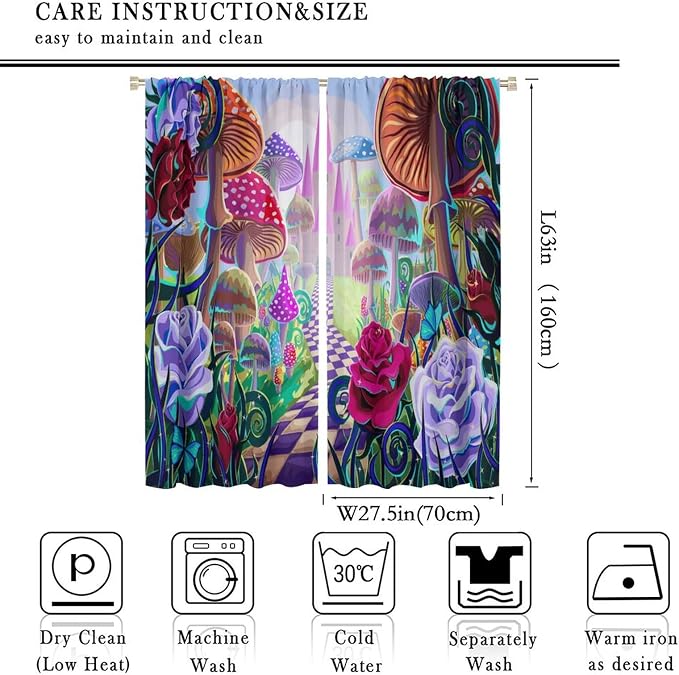 Fantasy Mushroom Curtains,Fairytale Forest Plant Castle Print Window Treatments for Bedroom Living Room Kitchen Colorful Cartoon Floral Window Drapes 2 Panels Set,Total Size55 x 63 Inch