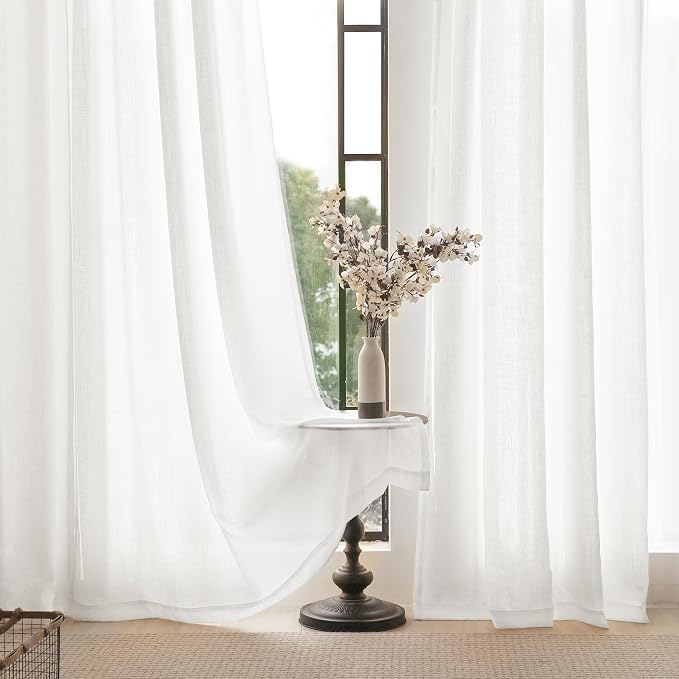 White Curtains 96 Inches Long 2 Panels Back Tab Light Filtering Cotton Textured Curtain Modern Farmhouse Coastal Decor Off White Linen Drapes for Patio Sliding Door Office Bedroom