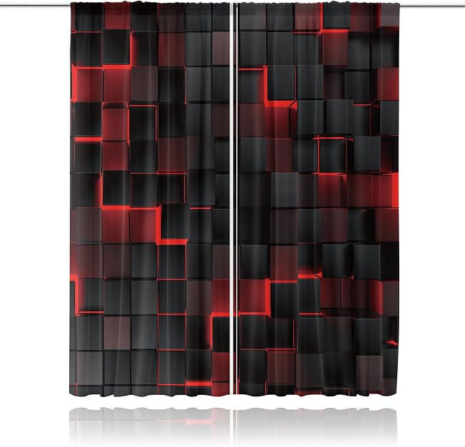 MESHELLY Abstract Red Black Curtains 29Wx63H Inch Rod Pocket Modern 3D Gradient Design Futuristic Geometric Cubes Bedroom Window Drapes Man Boys Printed Living Room Window Treatment Fabric 2 Panels
