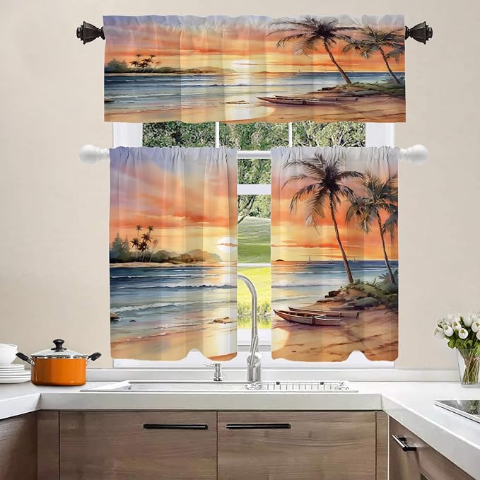 Shrahala Sunset Beach Blackout Curtain Tiers, Tropical Seaside Scene Kitchen Valance Light Blocking Tier Drapes with Rod Pocket, 2 Pack 26 X 36 in