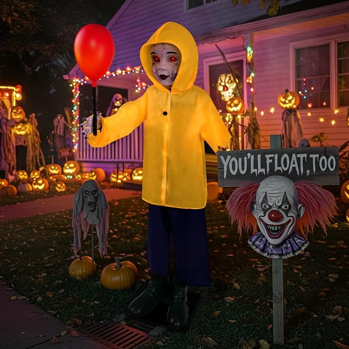 Halloween Decorations Outdoor - 4 Ft Life Size Halloween Animatronics Prop with Sound & Touch Activated Sensor and Light Up Balloon - Spooky Scary Decor for Home Indoor Garden Lawn Yard Grave Party