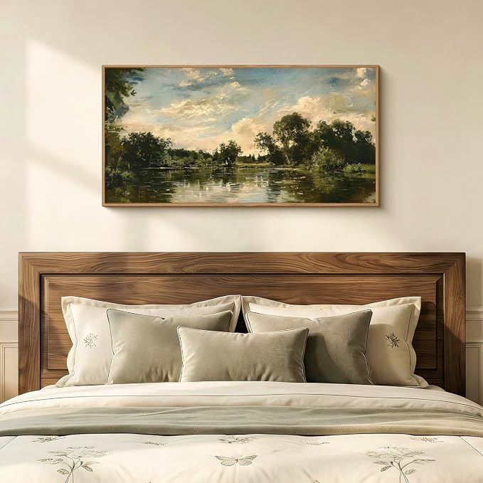 Vintage Landscape Framed Canvas Wall Art Set,Rustic Natural Green Trees and Lake Wall Decor,Classic Nature Scenic French Country Forest Artwork for Living Room,Bedroom,Farmhouse-40 x20 x1