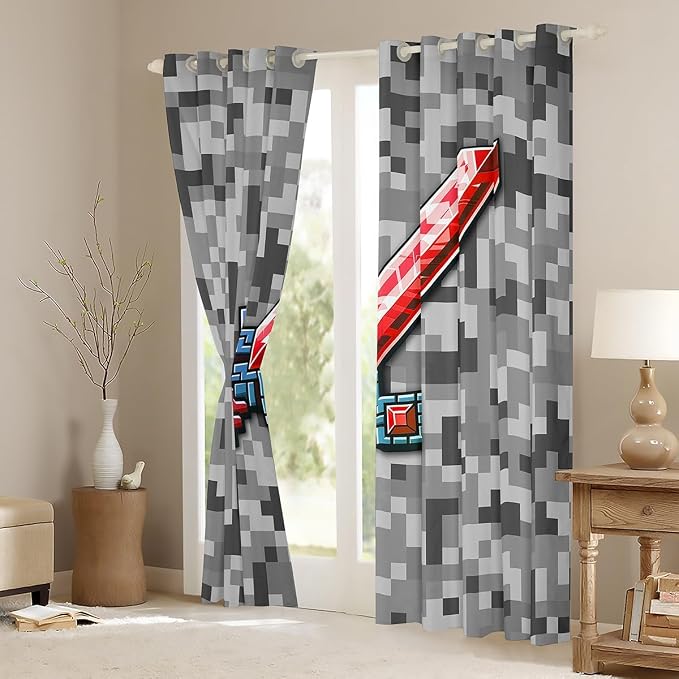 Castle Fairy Red Blue Sword Window Curtains,Geometric Grey Grid Privacy Blackout Curtain for Window Miner Theme Shade Windows Covering for Bedroom Pixel Video Games Drapes 2 Panels,52Wx63L