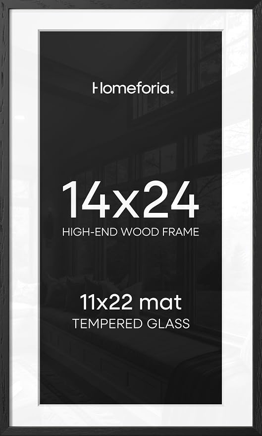 Homeforia 14x24 Picture Frame Black Wood, High End Oak 14x24 Poster Frames with Mat 11x22 Photo, 14 x 24 Wooden Frame Matted to 11 by 22 Print, 24x14 Hanging Frames, Tempered Glass, Wall Kit, Set of 2