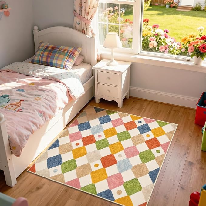 jinchan Macy Area Rug for Kids Room 4'x4' Square Rug Modern Colorful Nursery Rug Checkered Diamond Play Mat Washable Soft Non Slip Carpet for Entryway Bedroom Playroom Dorm Daycare Circus on Cream