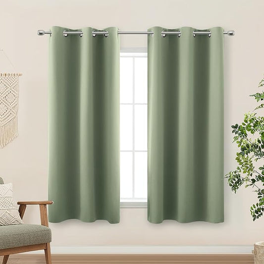 KOUFALL Short Curtains for Kitchen Window Over Sink,Blackout Thermal Cafe Curtain Sage Green 45 Inch Length 2 Panels Set