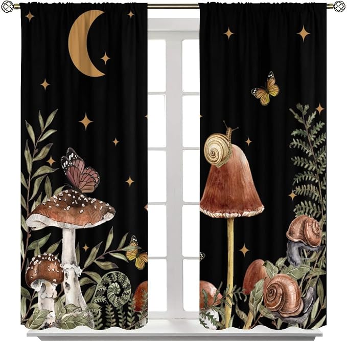 Retro Mushroom Blackout Curtains,Snail Butterfly Window Drapes,Boho Night Plants Leaves Moon Star Botanical for Living Room Kitchen Bedroom,Black Background 55x63in