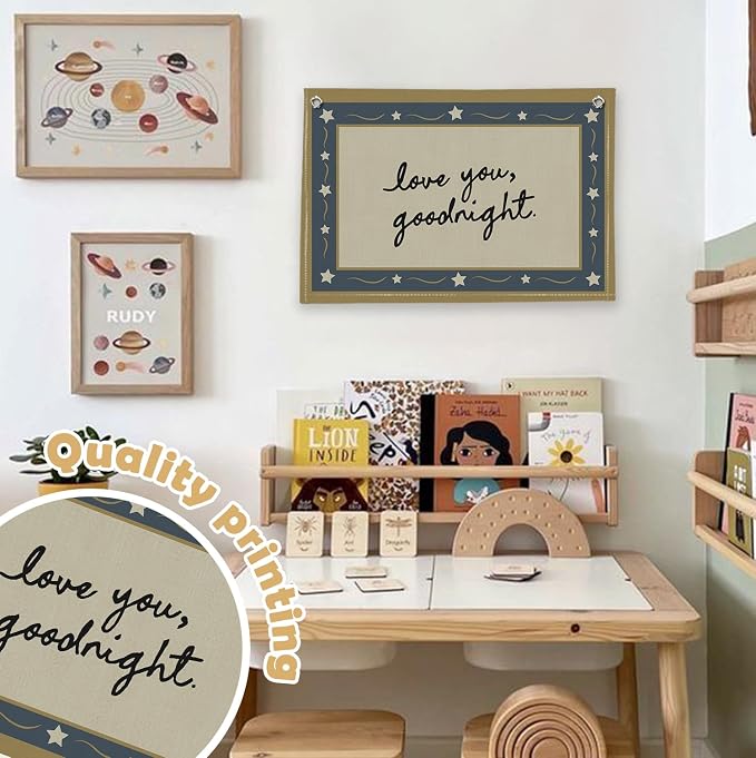 RTXLEZM Boys Girls Room Decor,Love You Goodnight Kids Toddler Nursery Room Canvas Banner Wall Hanging,Retro Navy Blue Neutral Nursery Wall Art Prints for Boys Girls Bedroom Playroom Decor,20x30 Inch
