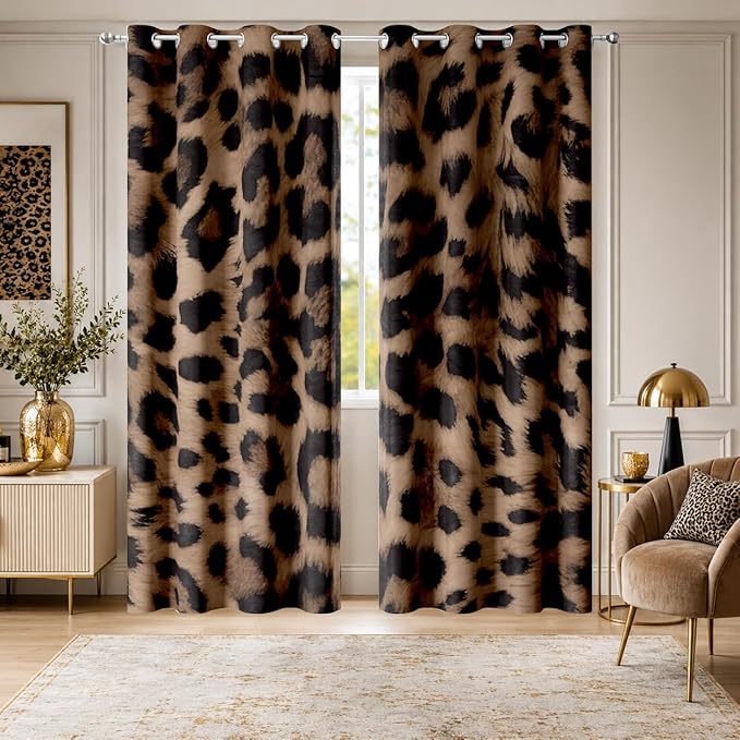 Sexy Leopard Print Blackout Curtains, Wild Animal Cheetah Print Brown Black Fur Window Drapes, Living Room Bedroom Decor 2 Panels 52x84 Inch
