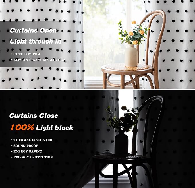 MYSKY HOME Blackout Curtains for Kids Bedroom 100% Light Block Out Thermal Insulated Curtain 63 Inches Grommet Room Darkening Curtains Privacy Window Drapes with Black Pom Pom Sheers，2 PCS, 52" x 63"