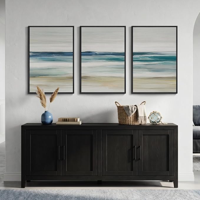Framed Abstract Coastal Wall Art for Living Room, 3 Piece Blue Beach Landscape Canvas Artwork for Walls, Large Minimalist Ocean Seascape Painting Prints for Bedroom Hallway Wall Art Decor, 20x30 Inch