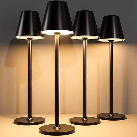 Timjorman 4-Pack Cordless Table Lamps - 5000mAh Rechargeable Battery Operated Desk Lamp, 3-Level Dimmable LED Night Light for Bedroom, Dining, Restaurant - Metal Design(Black 4pack)