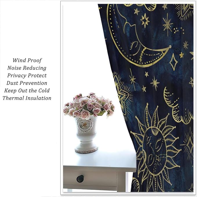 Boho Sun Moon Blackout Window Curtains, Bohemia Theme Sun Moon Stars Print Pattern Rod Pocket Window Drapes, for Living Room Bedroom 42x45in 2 Panels