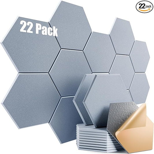 22 Pack Self-adhesive Acoustic Panels 12" X 10" X 0.4" - Sound Proof Foam Panels with High Density, Stylish Hexagonal Design, Flame Resistant, Absorb Noise and Eliminate Echoes(Smoky Gray)