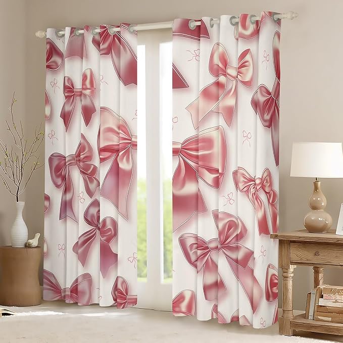 Erosebridal Cute Ribbon Bow Curtain Pink Kawaii Bowknot 42" Wx63 L Window Curtain for Girls Kids Teen,Watercolor Bow Princess Window Treatments Dreamy Bowknot Curtains & Drapes
