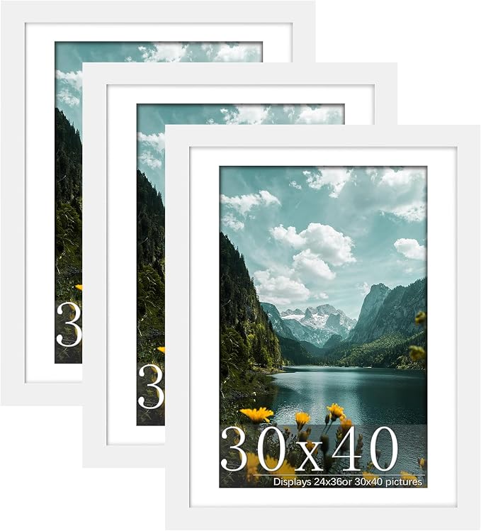 Picrit 30x40 Picture Frame 3 Pack, White Poster Frame, Display Poster 24 x 36 with Mat or 30 x 40 without Mat for Horizontal or Vertical Wall Mounting