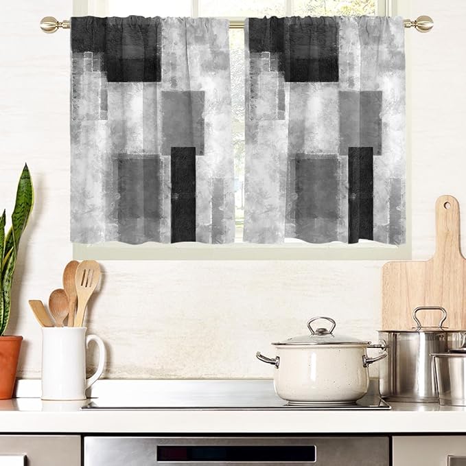 AAtter Black Grey and White Window Curtains for Kitchen Gray Art Abstract Aesthetic Small Short Home Living Room Bedroom Bathroom Drapes Treatment Tiers Fabric 1 Pair, 27.5" W x 36" L, Modern