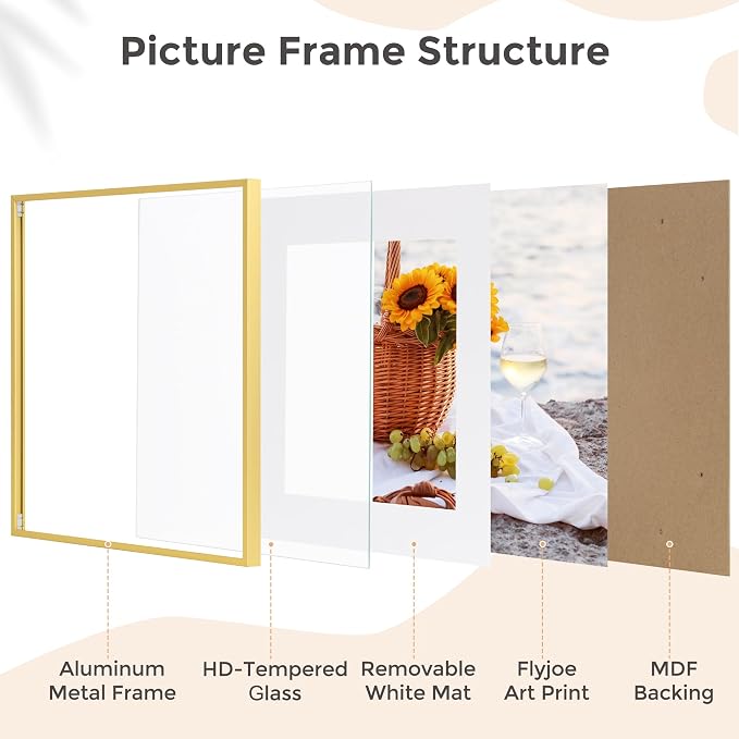 FLYJOE 16x16 Metal Square Picture Frame For Wall With Mat For 12x12, 16''x16'' Aluminum Photo Frames With Tempered Glass For Home Decor, Minimalist Modern Poster Frame Horizontally Vertically, Gold
