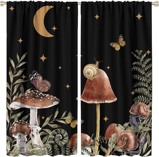 Retro Mushroom Blackout Curtains,Snail Butterfly Window Drapes,Boho Night Plants Leaves Moon Star Botanical for Living Room Kitchen Bedroom,Black Background 42x54 Inch