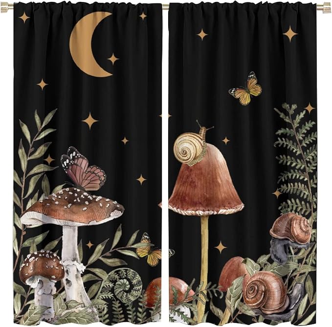 Retro Mushroom Curtains,Snail Butterfly Blackout Window Drapes,Boho Night Plants Leaves Moon Star Botanical for Living Room Kitchen Bedroom,Black Background 42x45 Inch
