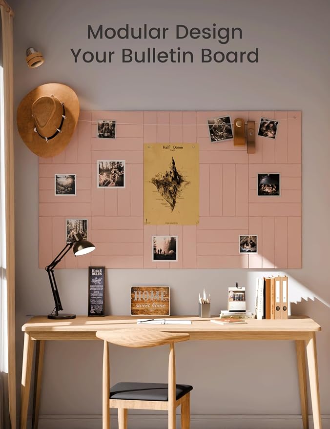 Fluxynara Felt Bulletin Board Tiles Large 48" x 36" Cork Board Alternative-12 Pack with 64 Adhesive Tabs, Thick Slat Wall Panels for Office Decor, Push Pin Board Wall Organizer Alternative -Pink