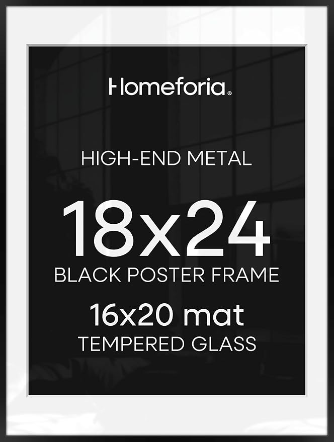 Homeforia 18x24 Poster Frame Black, High End Metal 18 x 24 Picture Frames with Mat 16 by 20 inch Photo, 18x24 Black Frame Matted to 16x20 Print, 24x18 Hanging Frame, Tempered Glass, Wall Kit, Set of 2