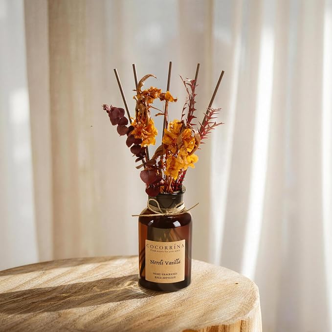 Cocorrína Reed Diffuser Set, 6.7oz Flower Reed Diffuser with Real Preserved Flowers - Neroli Vanilla Scented Oil & Sticks - Long Lasting Home Fragrance for Bedroom Bathroom Shelf Decor