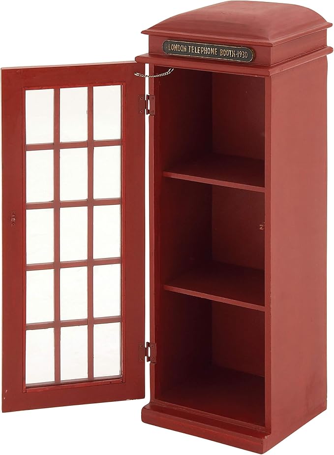 Deco 79 Wooden Vintage Telephone Booth Accent Cabinet, 11" x 9" x 30", Red | London telephone booth, storage cabinet, 3 shelves, red bookshelf
