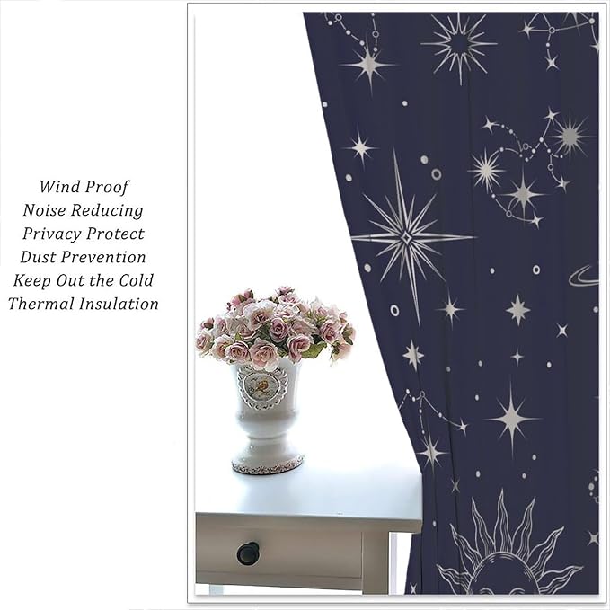 Sun Moon Blackout Curtains, Vintage Mysticism Art Modern Abstract Sun Moon Star Window Drapes, for Bedroom Living Room 42" W X 63" L