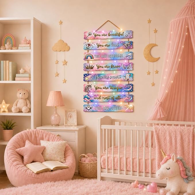 Dreamy Unicorn Room Decor Set of 8 with Led Light for Teen Girls Kids Toddler, Preppy Inspirational Rainbow Galaxy Wood Nursery Wall Decor for Dorm Bedroom, Cute Dreamy Chic Motivational Princess Room Decor