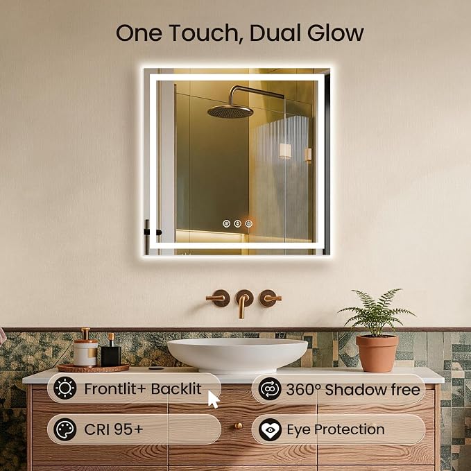 30x30 LED Bathroom Mirror with Lights, Anti-Fog, Backlit + Front Lit (CRI>90), Lighted Bathroom Vanity Mirror for Wall, Memory Function, Dimmable, Tempered Glass, Shatter-Proof