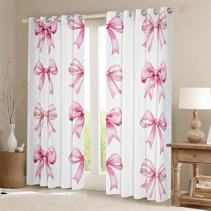 Erosebridal Kawaii Bow Window Curtain Pink White Strip Bow Curtain Cute Ribbon Bowknot Window Treatments Pink Bows Curtains & Drapes 52" Wx63 L for Kids Girls Bedroom Decor