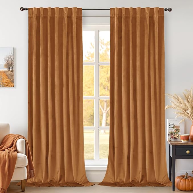 BGment Orange Velvet Curtains 108 Inches Long, Fall Decor Super Soft Room Darkening Thermal Insulated Back Tab and Rod Pocket Curtains for Bedroom/Living Room, 2 Panels, 52 x 108 Inch, Orange Brown