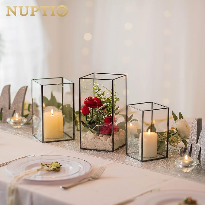 Nuptio Glass Hurricane Candle Holder for Pillar Candles 3 Pcs Black Metal Candle Holders Large Rectangular Candleholder Vase Centerpieces Decoration for Halloween Christmas Party 9.5 & 8.1 & 6.5 inch | Large Rectangular Candleholder Vase Centerpieces D...
