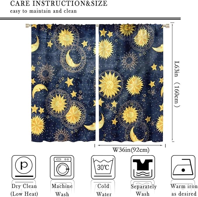 Boho Sun Moon Blackout Window Curtains, Bohemian Golden Sun Moon Stars Print Rod Pocket Window Drapes, for Living Room Bedroom 72x63in 2 Panels
