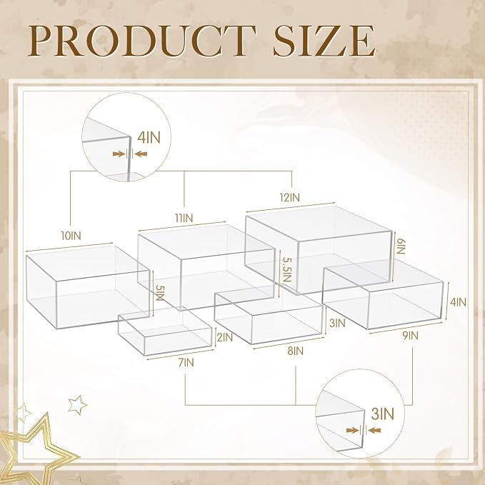 Geelin 6 Pack Acrylic Risers for Display Acrylic Cube Boxes Risers Display Stands with Hollow Bottoms Decorative Stand for Jewelry Candy Table Decor 6 Sizes(Clear,7 to 12 Inch,Square)