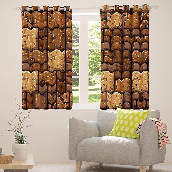 Castle Fairy Brown Stone Wall Window Curtain,Pixel Style Blackout Window Treatment,Teens Woman Men Splicing Grid Block Bedroom Curtains Video Games Living Room Decor Top 2 Panels,52Wx90L